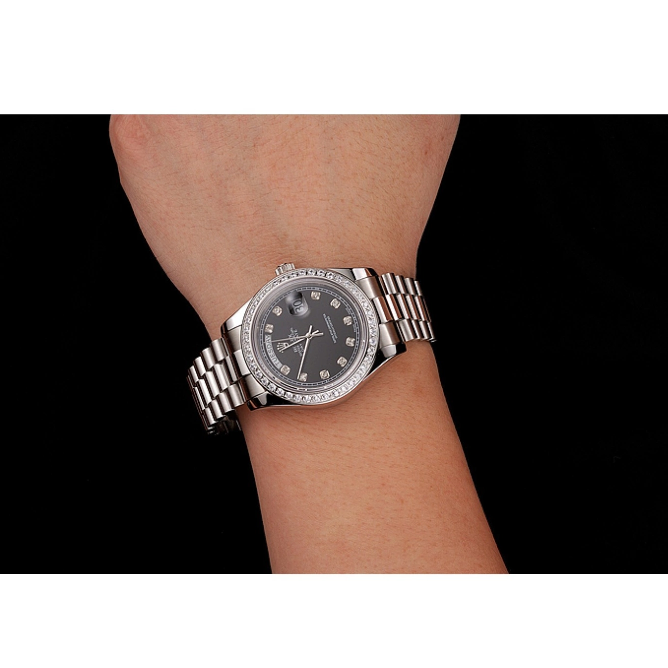 Rolex aaa copy Diamond Case Day-Date Bracelet Diamond Swiss Stainless Rolex Numerals 1453965 Steel Black Dial 0607